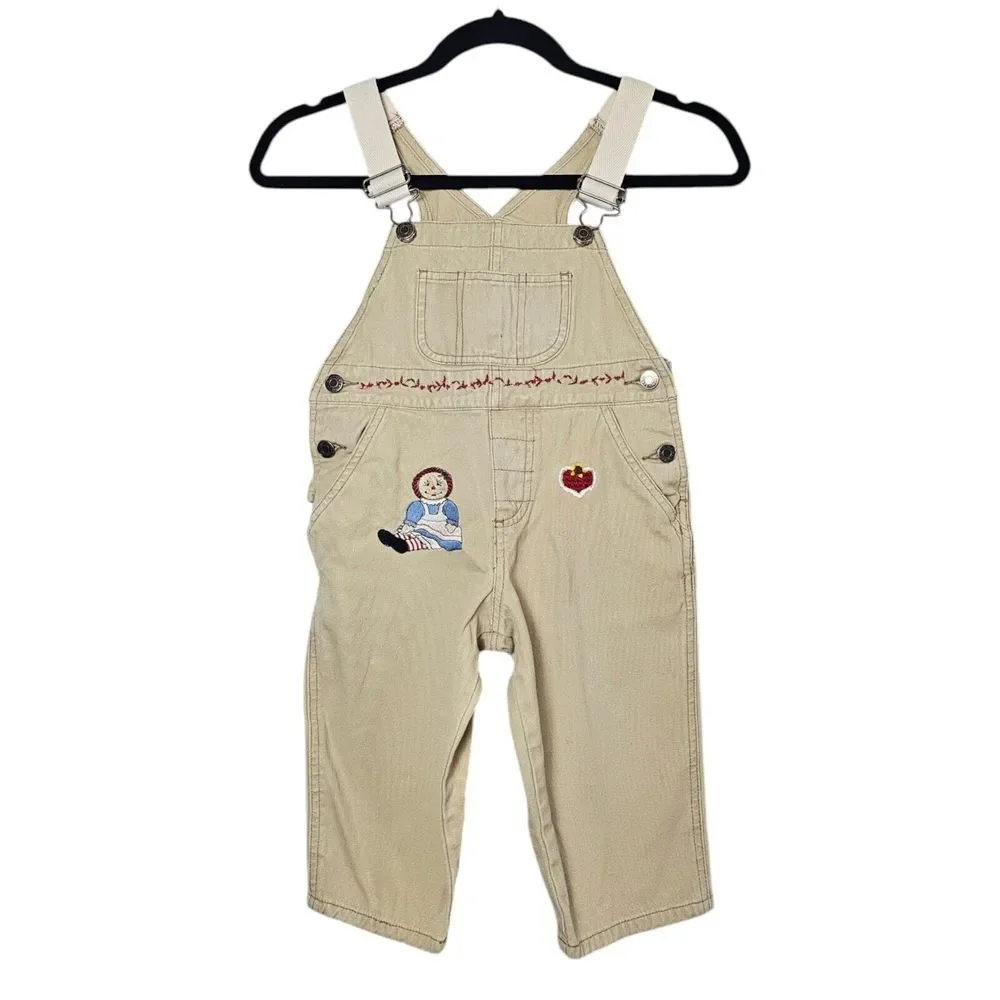 VTG Gap Overalls Raggedy Ann Cream Denim XXS Bibs Embroidery‎